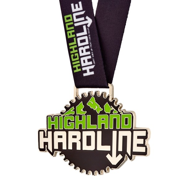 A beautifully made custom sports medal for UK company Highland Hardline. The medal features optional cutout and their distinctive logo.