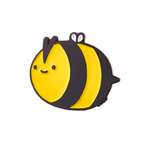 A cute pin badge in the shape of a cartoon bumble bee.