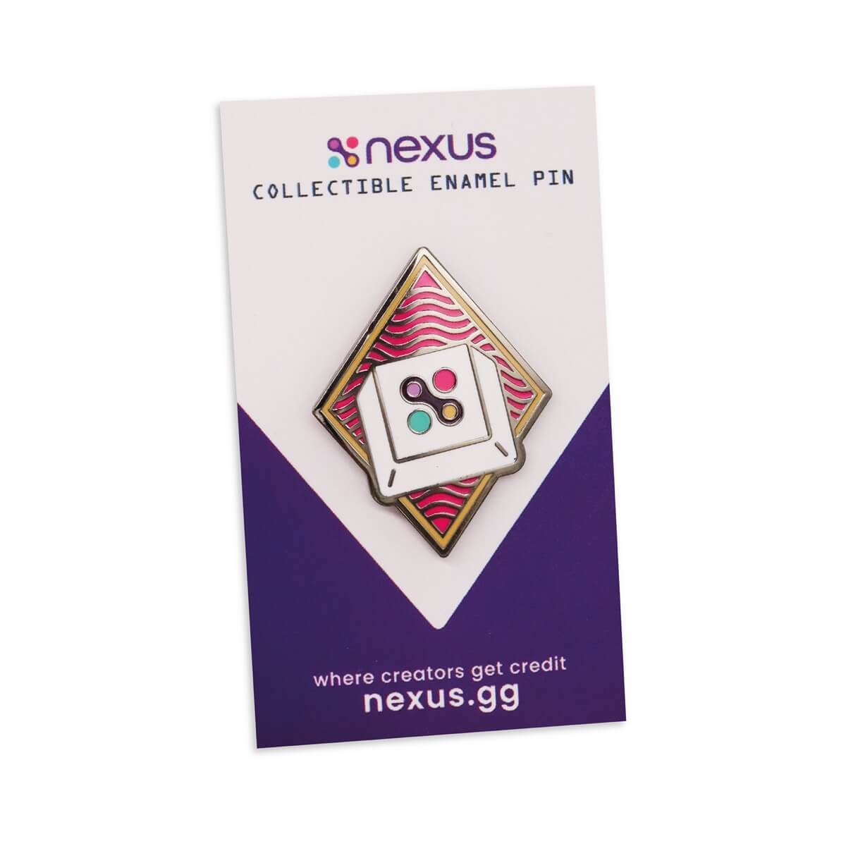 A nexus collectable enamel pin on a backing card