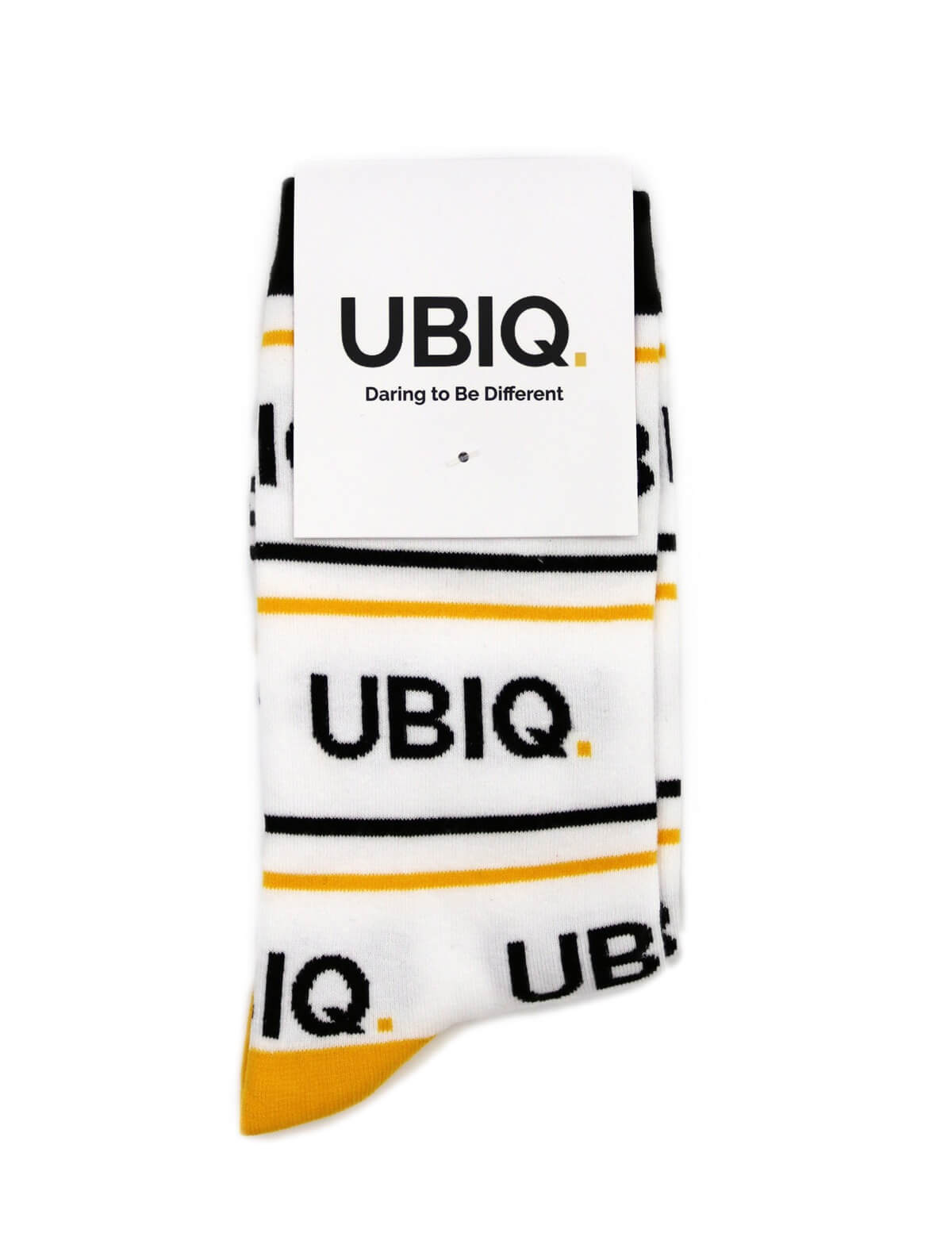 A pair of socks with a header card featuring UBIQ. branding