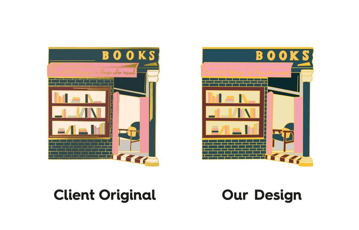 Before and after of a book shop enamel pin badge design