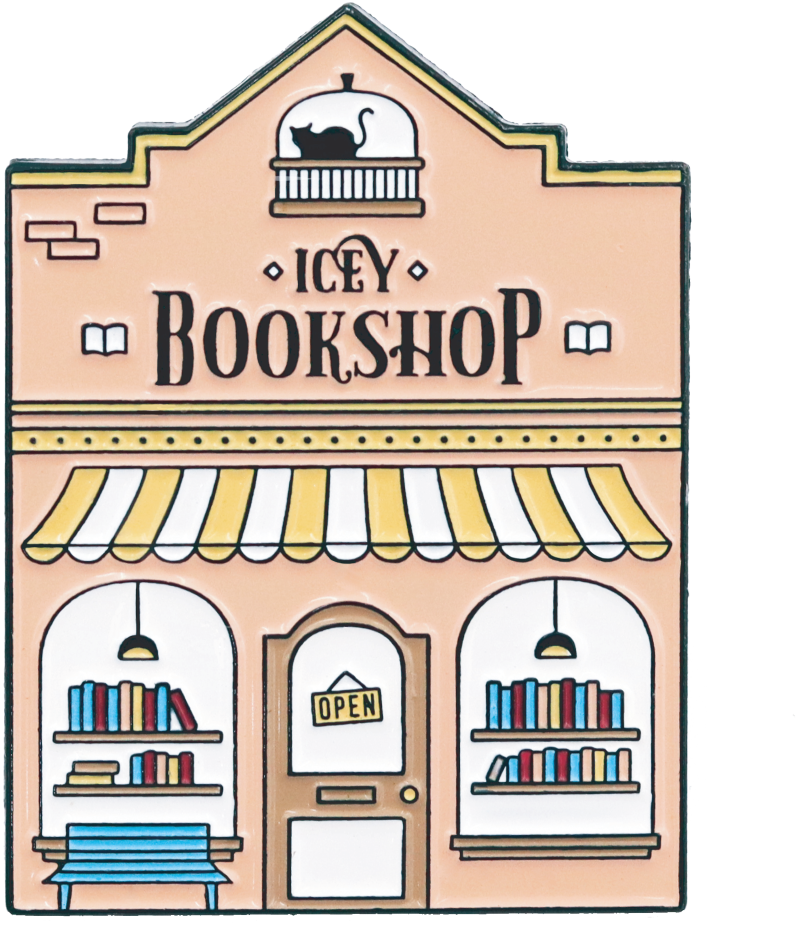 A pin badge of a classic book shop with the name 
