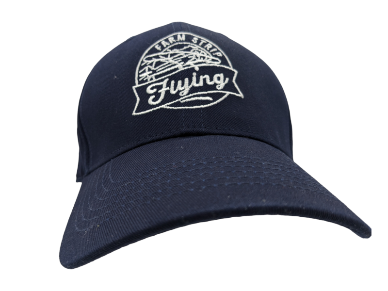 Blue baseball cap with flat embroidered logo.