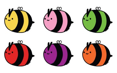 Six enamel pin badges of bees that are all different colours. Yellow, pink, green, red, purple, and orange.