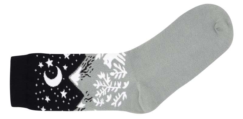 A black and grey wintery sock with snow scenery.