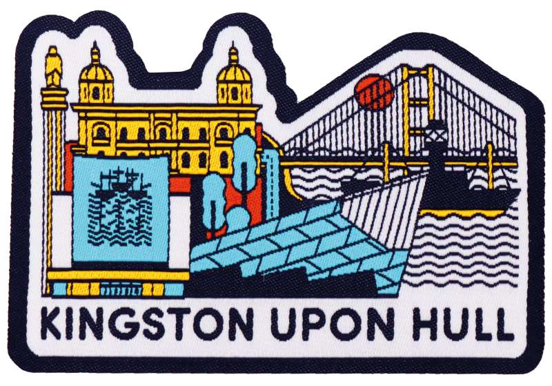 A woven patch celebrating Kingston Upon Hull, with scenes from the local community woven in vibrant colours.