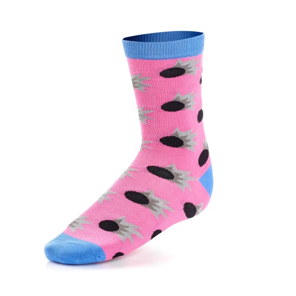 Pink, blue, black, and grey patterned grip socks.