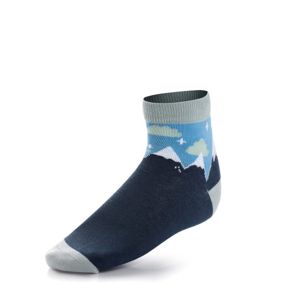 Custom grip socks with mountains, clouds, and the blue sky on them.