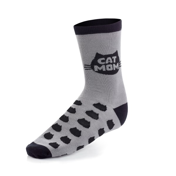 Grey anti-slip socks with the silhouette of a cat's head with the text