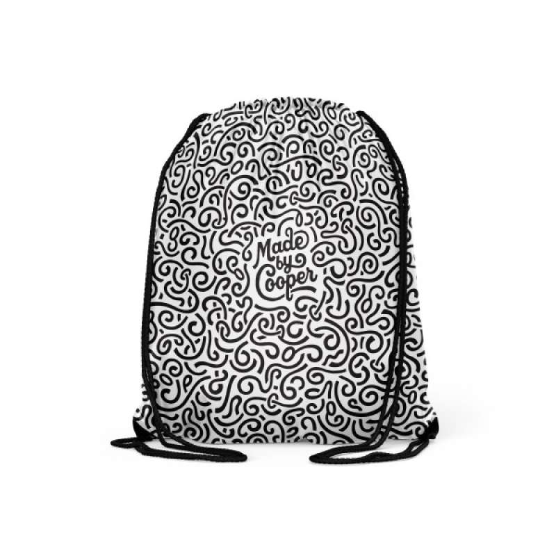 A white drawstring bag with black strings and the Made by Cooper logo and pattern.