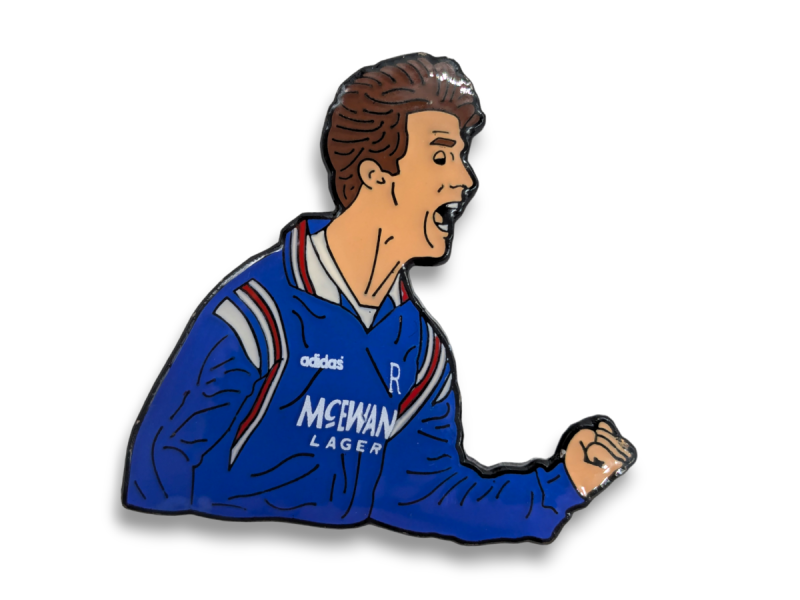 A Brian Laudrup printed pin badge.