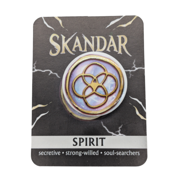 This silvery-white custom button badge from the Skandar franchise represents the spirit.