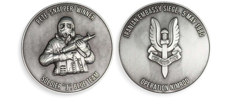 A double-sided SAS challenge coin featuring an elite soldier in full tactical gear and the famous winged dagger.