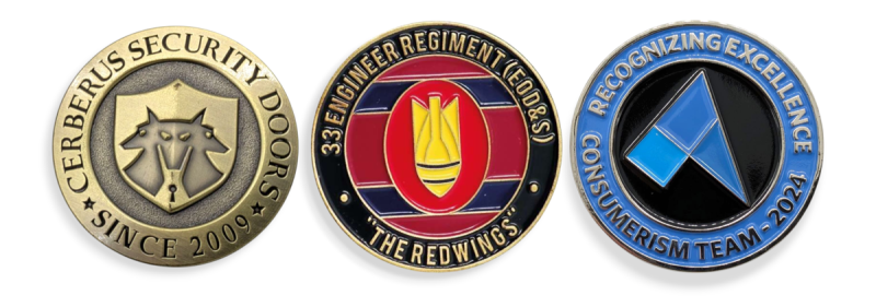 Three non-military custom coins for security firms, fire departments, and for excellence rewards.