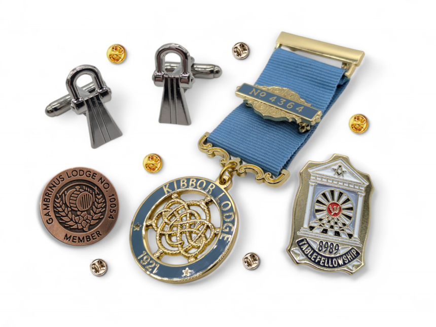 A collection of masonic jewels, pin badges, and cufflinks to celebrate the brotherhood of freemasonry.