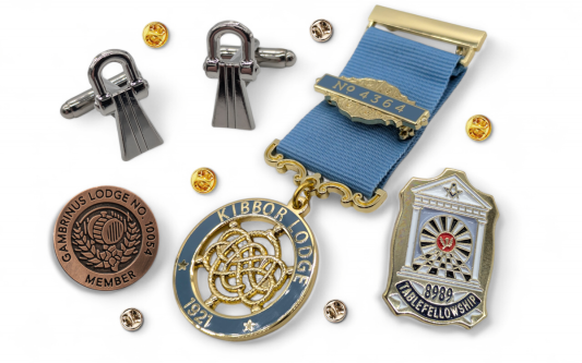 A collection of masonic jewels, pin badges, and cufflinks to celebrate the brotherhood of freemasonry.