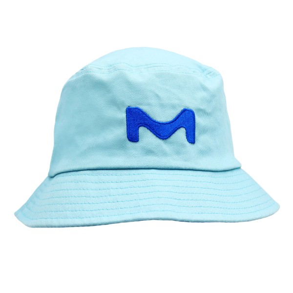 A pale blue personalised UK bucket that hat features a large embroidered 'M' logo.