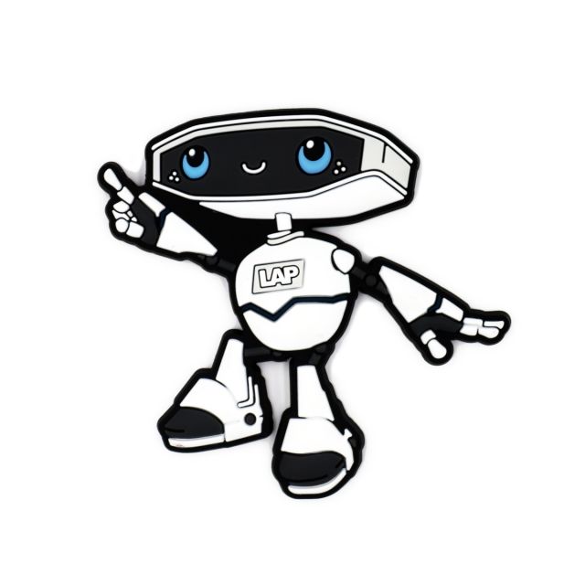 A cute custom fridge magnet of a small white robot having a good 'ol time dancing.