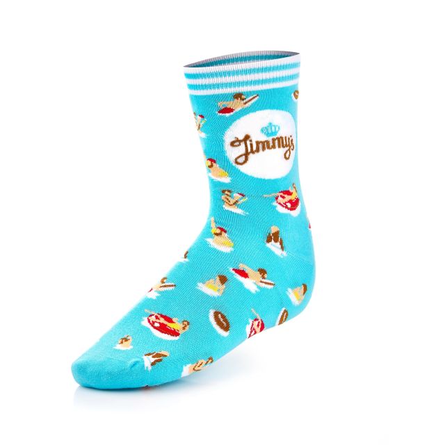 Blue custom socks with sunseekers frolicking in the sea and the word 
