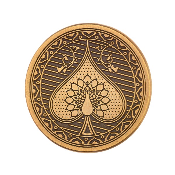 A copper coloured custom coin that features a playing card Ace icon that looks like a peacock.