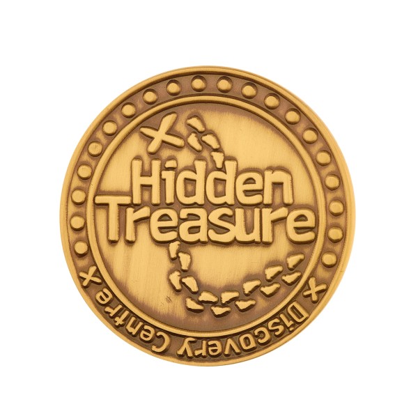 This bronze coloured custom coin looks like a treasure map and says