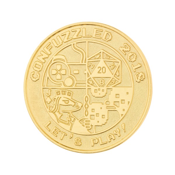 A gold challenge coin with dices, gaming characters, and controllers.