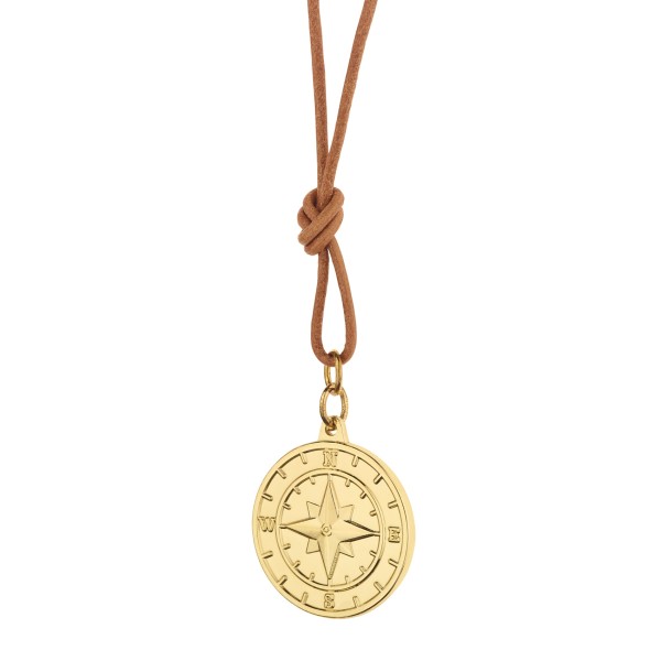 This small gold-plated custom medal looks like an old-style compass with a leather necklace.