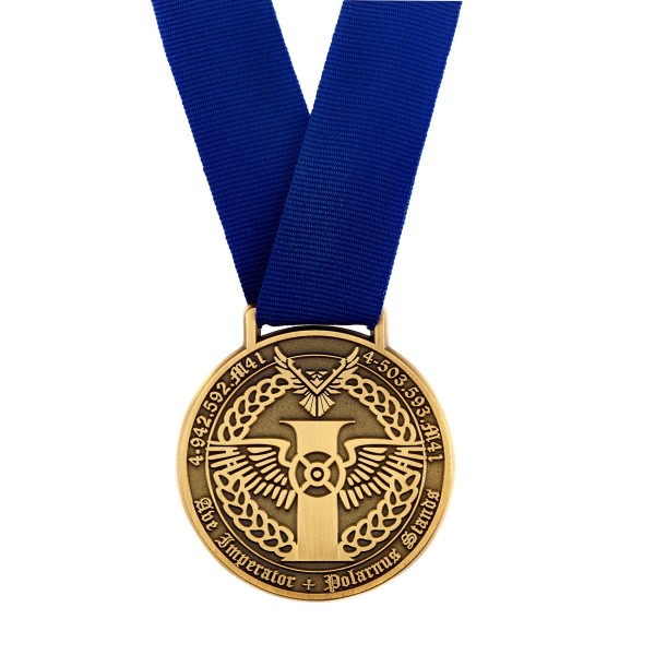 A weather-effect custom die-struck medal and regal blue ribbon.