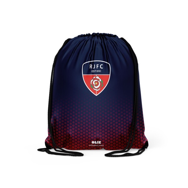 A blue drawstring bag with red dots and a club crest that reads RJFC EST 1991.