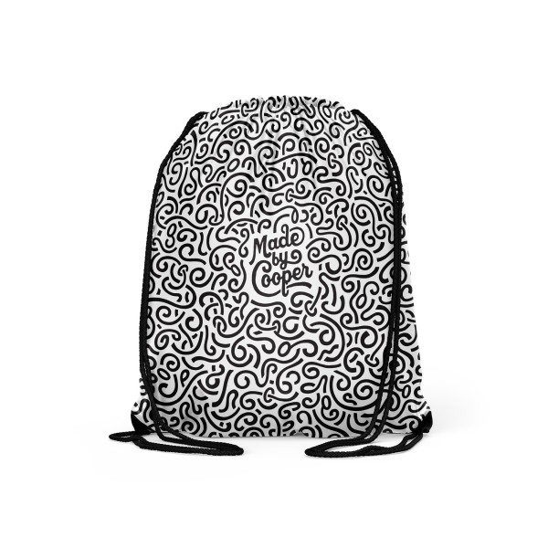A white drawstring bag with the Made by Cooper logo and official pattern printed on in black.
