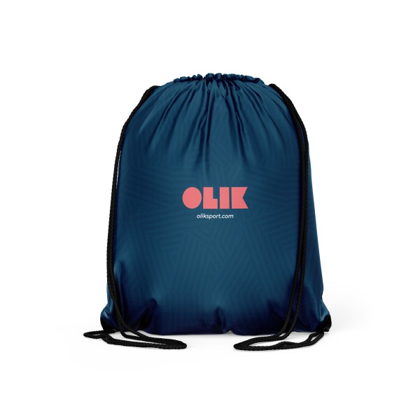 A blue custom drawstring bag with the Olik pattern and logo in orange.