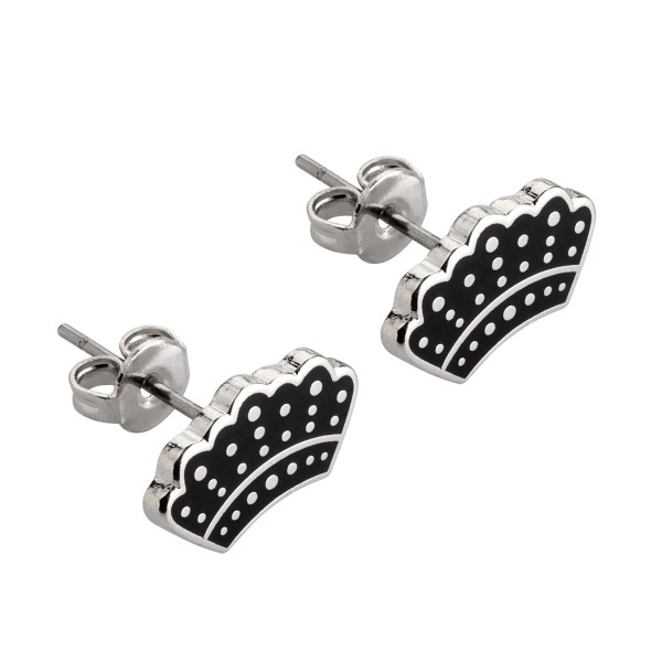 A pair of small silver earrings with a crown-shaped background.