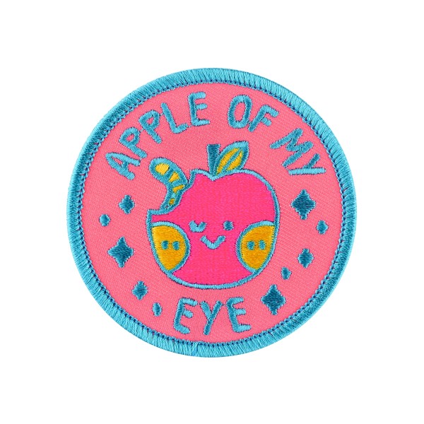 This vibrant pink circular embroidered patch features a cartoon apple with a smily face and the words
