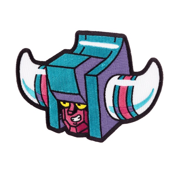 An interestingly shaped robot head embroidered patch. The vibrant threads and neat stitching make the cloth badge pop!