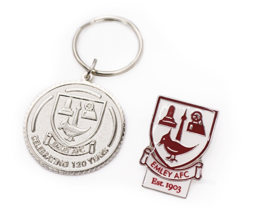 Custom keyring and badge for Emley AFC.