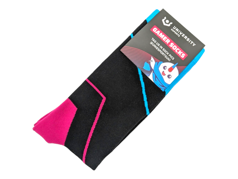 A pair of black socks with bright pink and blue tints with e-sports packaging branded cards.