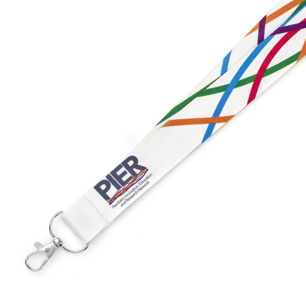 This white bodied personalised lanyard has wavy coloured stripes and the word