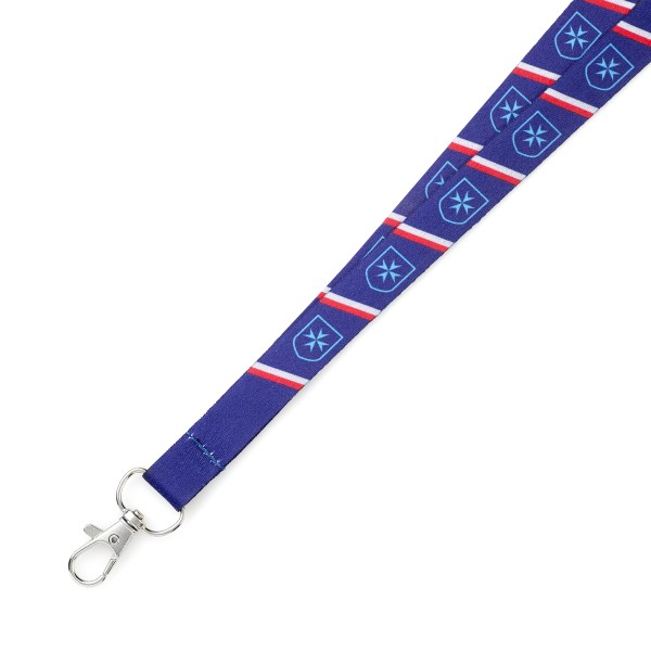 The main body of this custom lanyard is navy blue and it has red and white stripes.