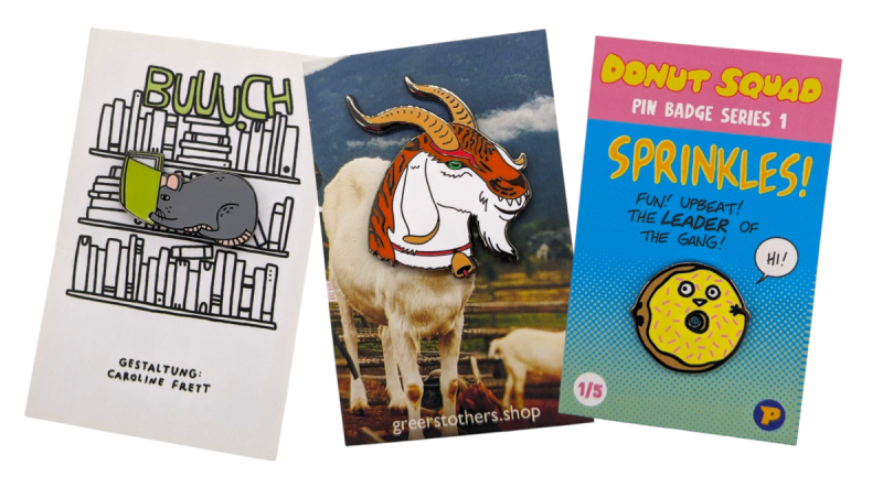 Enamel badge cards that provide some light relief.