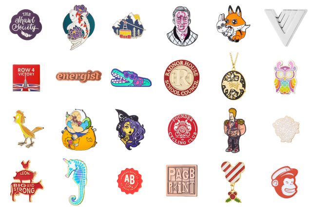 A selection of 24 pin badges ranging from cute crocodiles and foxes to business names and company logos.