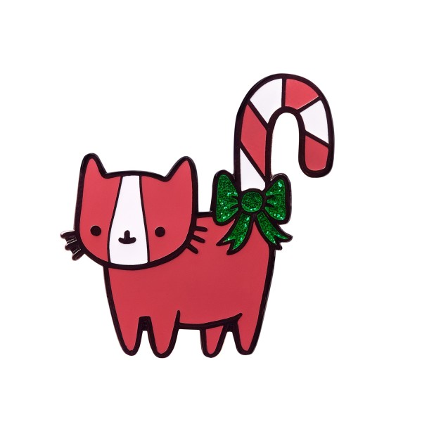 A pin badge that looks like a cute red and white cat with a candy cane for a tail.