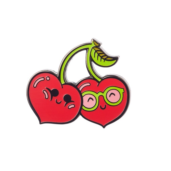 A pair of cherries with smily faces make up this cute red pin badge.