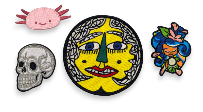 A collection of embroidered patches that feature the illustrations of our clients at Made by Cooper.