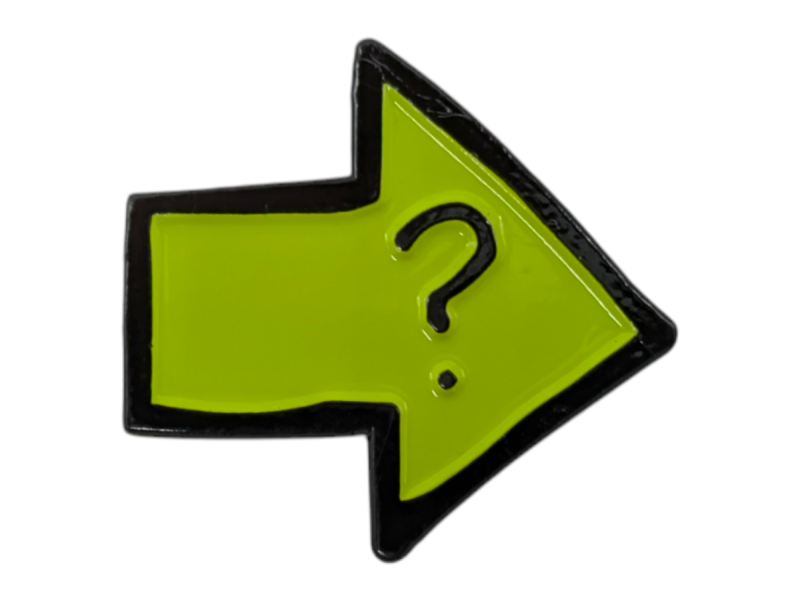 An arrow pin badge with a black outline, bright yellow background and a black question mark