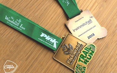 Kirkwood Hospice Trial run medals, Antique gold, soft enamel with green polyester lanyard with sponsors silkscreen printed