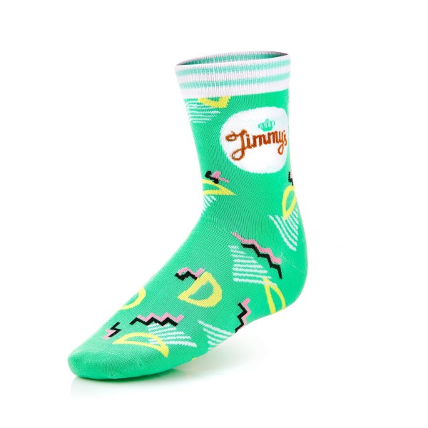 A snazzy pair of tailor made custom socks with the Jimmy's logo and 'D' icon.