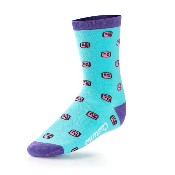 UK made to order custom socks with blue and purple material for a distinctive design.