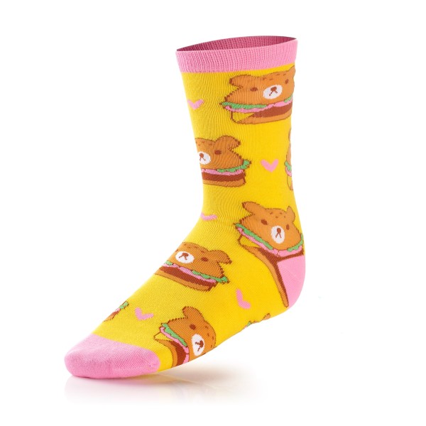 A yellow and pink sock we custom made with a cute cartoon bear's head design.