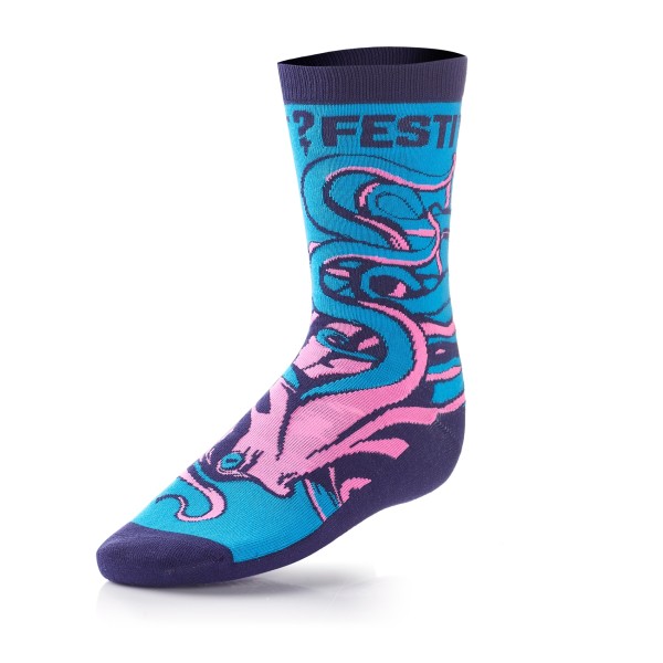 A vibrantly coloured sock featuring a fearsome squid in pink.