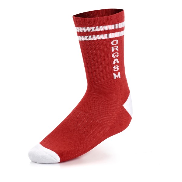 These red and white custom made sports socks have a traditional design but the unconventional word
